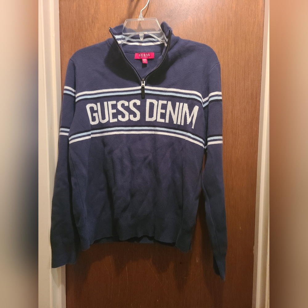 Guess Sweater Medium Blue 1/4 Zip Pullover Fleece Spell Out VTG Y2K, pre-owned.
